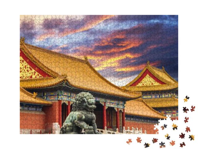 Puzzle 1000 Teile „Die Verbotene Stadt in Peking, China, goldene Dächer, Löwenstatue“
