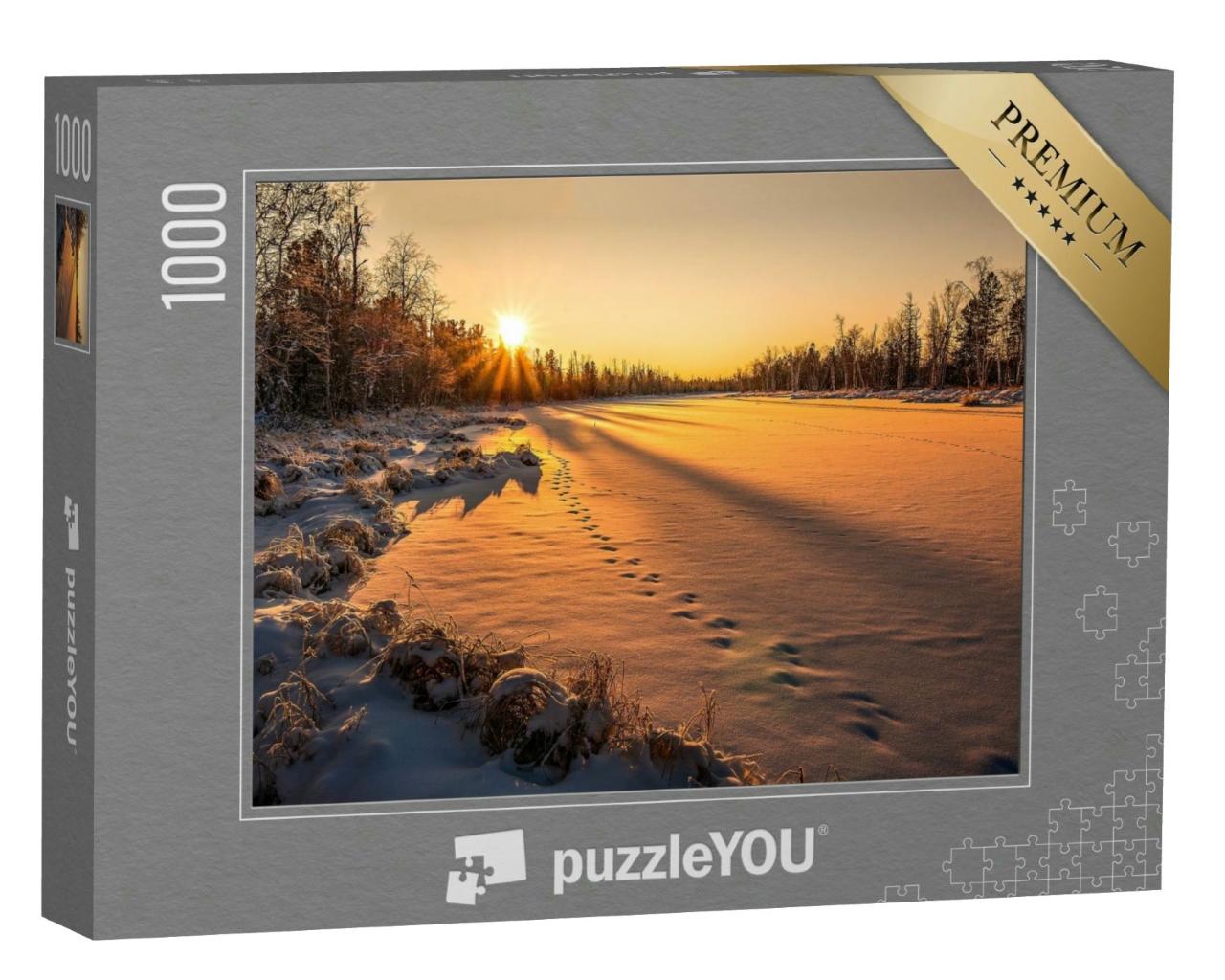 Puzzle 1000 Teile „Sonnenuntergang im Winter, Wald, Himmel, strahlendes Sonnenlicht“
