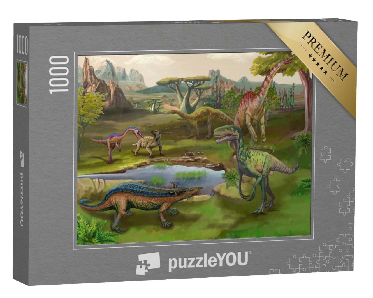 Puzzle 1000 Teile „Szene mit Dinosauriern: Asteroiden-Explosion, Illustration“