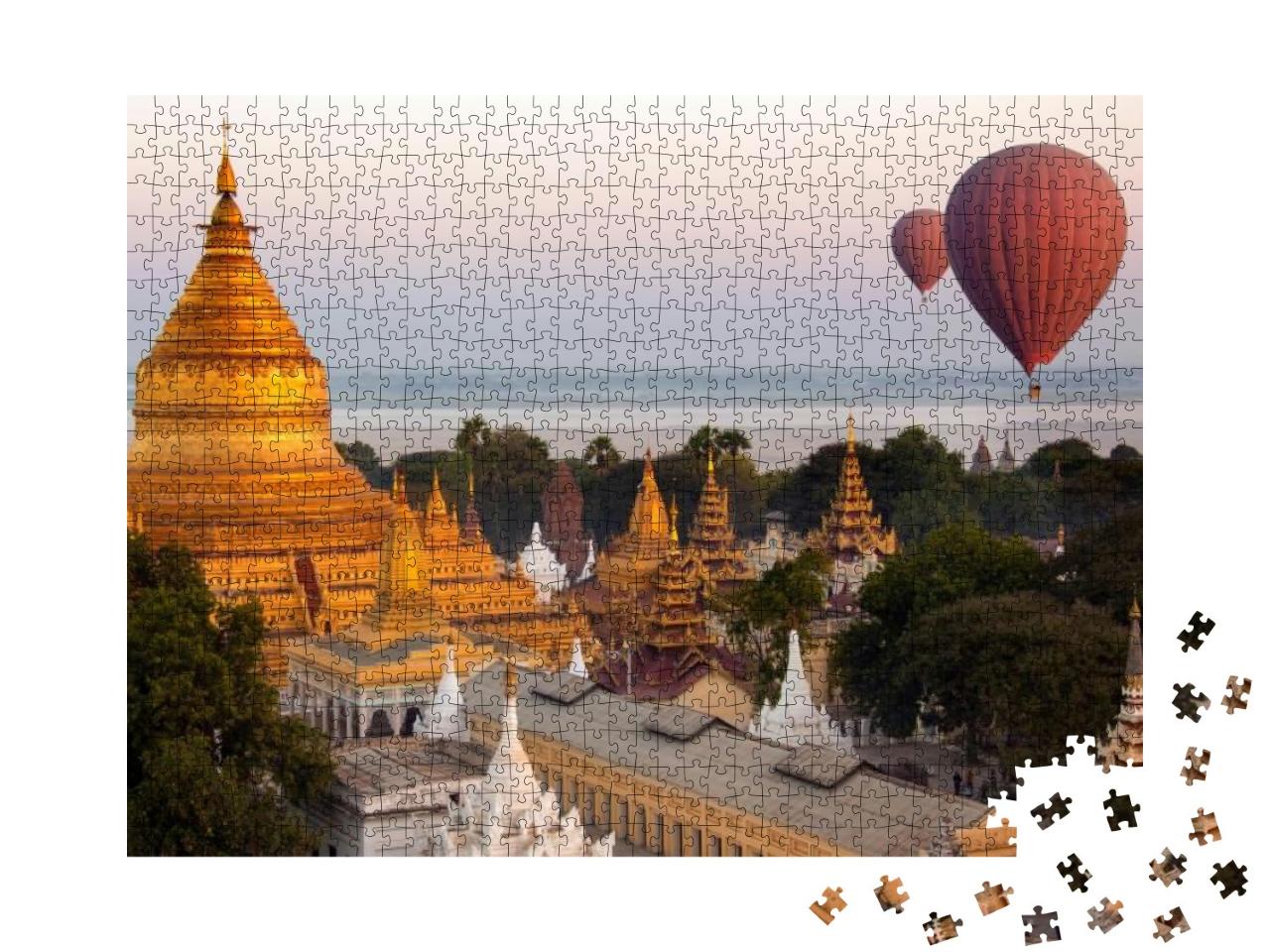 Puzzle 1000 Teile „Stimmungsvolle Luftaufnahme von Heißluftballons an der Shwezigon-Pagode, Myanmar“
