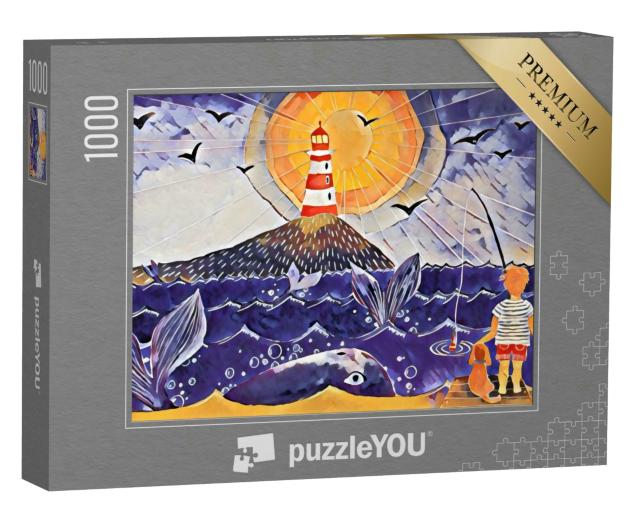 Puzzle 1000 Teile „Illustration: Angelnder Junge genießt den Sonnenuntergang am Meer“