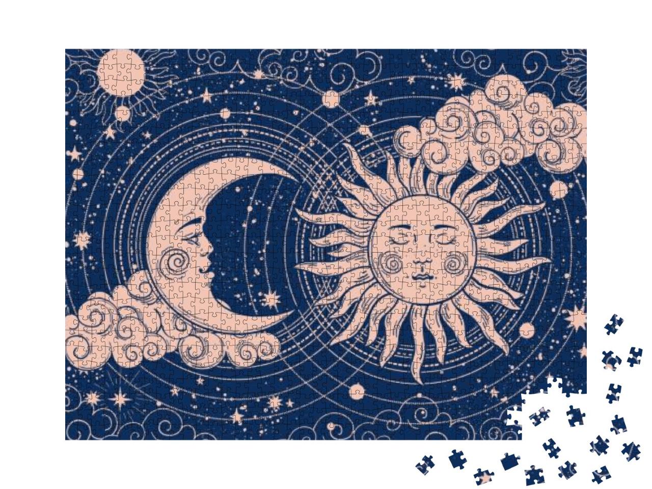 Puzzle 1000 Teile „Mondsichel und Sonne mit Mond auf einem blauen Hintergrund, Esoterik“