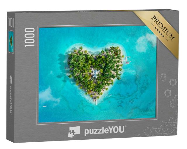Puzzle 1000 Teile „Digitale Kunst: Tropisches Inselparadies in Form eines Herzens“