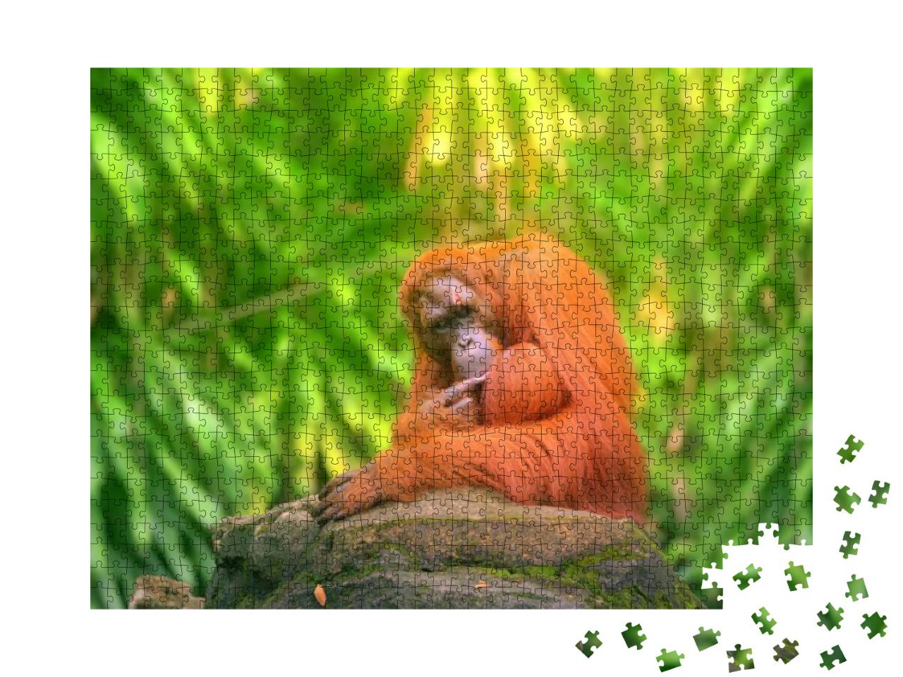 Puzzle 1000 Teile „Erwachsener Orang-Utan sitzend mit Dschungel als Hintergrund“