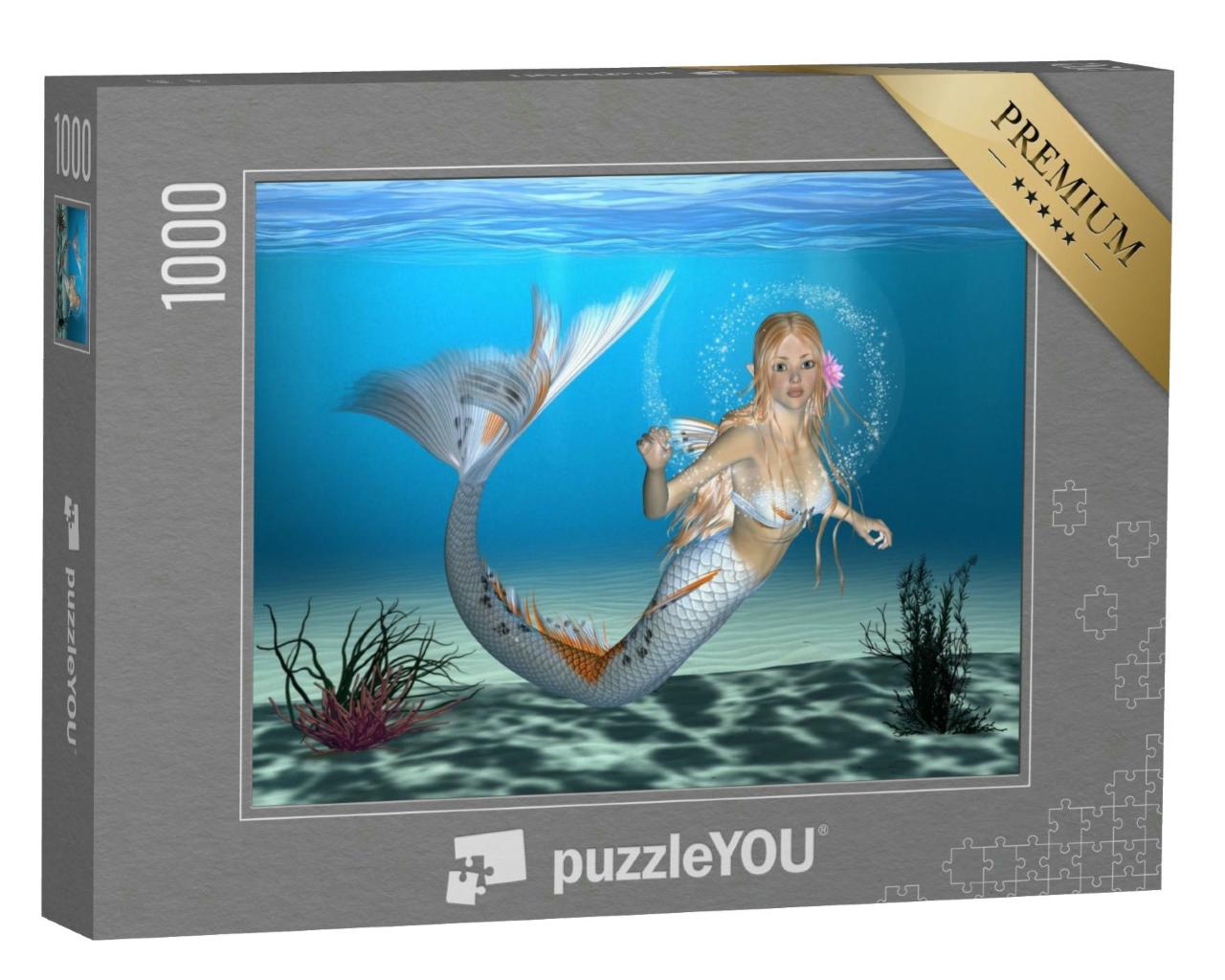 Puzzle 1000 Teile „Digitale Kunst: Meerjungfrau im blauen Fantasy-Ozean“
