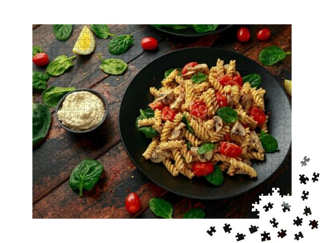 Puzzle 1000 Teile „Cremige Hummus-Pasta mit Pilzen und gebratenen Tomaten“