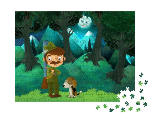 Puzzle 1000 Teile „Illustration: Jäger und Hund im mondhellen Wald“