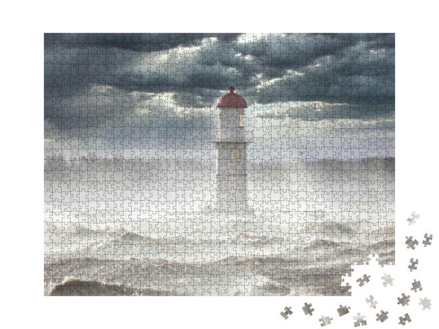 Puzzle 1000 Teile „Leuchtturm unter dunklen Wolken, von Sonnenstrahlen durchbrochen“