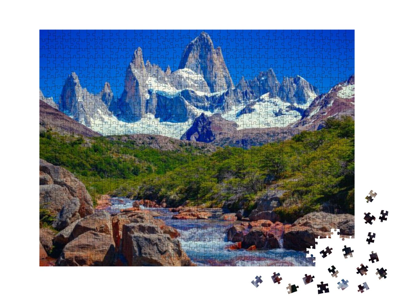 Puzzle 1000 Teile „Fluss in El Chaltén und Berg Fitz Roy, südliche patagonische Anden“
