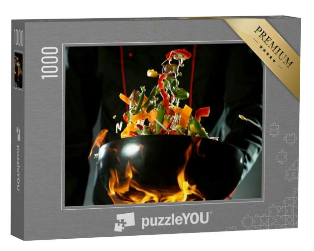 Puzzle 1000 Teile „Gemüse im Wok fliegt über den Flammen“