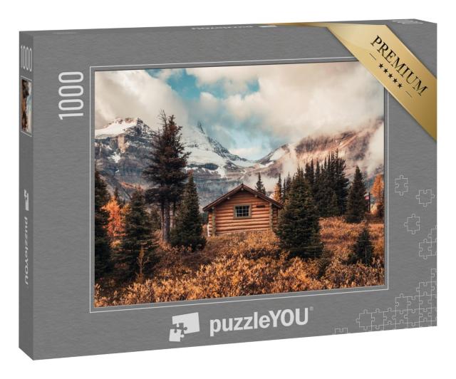 Puzzle 1000 Teile „Holzhütte auf dem Assiniboine-Berg im Herbstwald im Provinzpark, Kanada“
