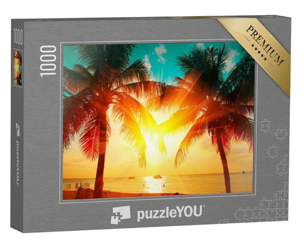 Puzzle 1000 Teile „Karibisches Feeling: Sonnenuntergang am Palmenstrand“
