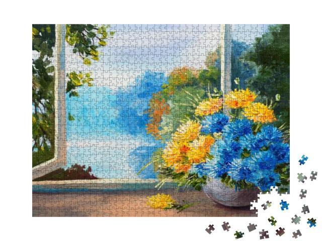 Puzzle 1000 Teile „Ölgemälde: Frühlingsblumenstrauß auf einem Tisch in der Nähe des Fensters“