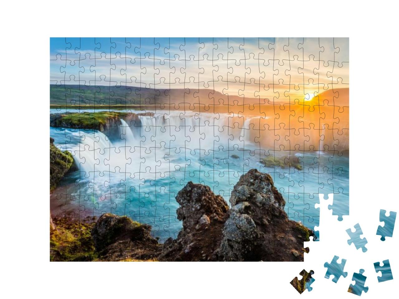 Puzzle 200 Teile „Godafoss-Wasserfall im Sonnenuntergang, Island“