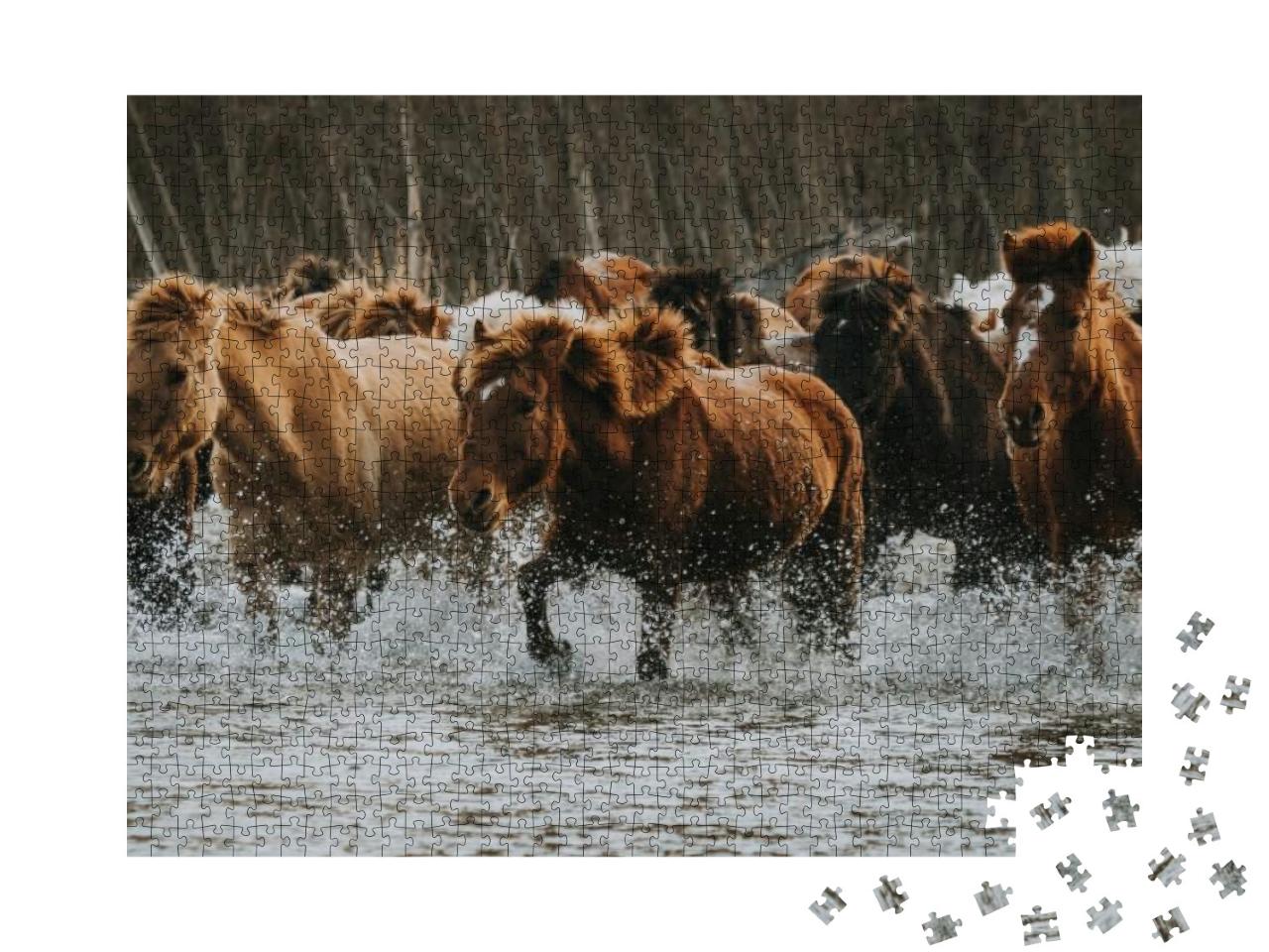 Puzzle 1000 Teile „Große Gruppe brauner und weißer Pferde in einem Waldgebiet in der Mongolei“