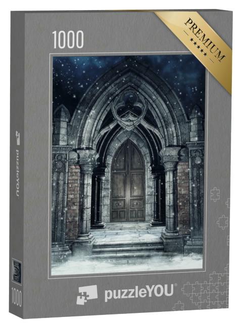 Puzzle 1000 Teile „Illustration: Verschneite Szene mit einem gotischen Steintor bei Nacht“