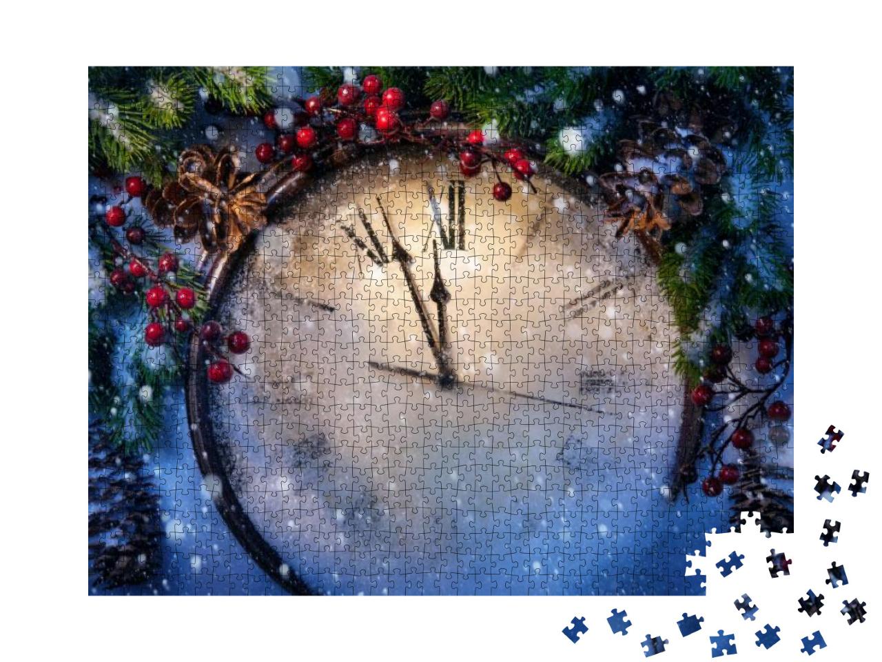 Puzzle 1000 Teile „Weihnachtsstimmung: Uhr und Tannenzweige mit Schnee bedeckt“