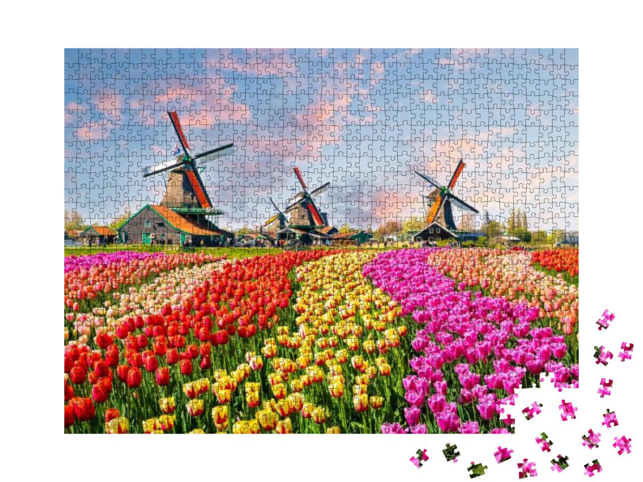 Puzzle 1000 Teile „Idyllische Windmühlen und Tulplen, Niederlande“