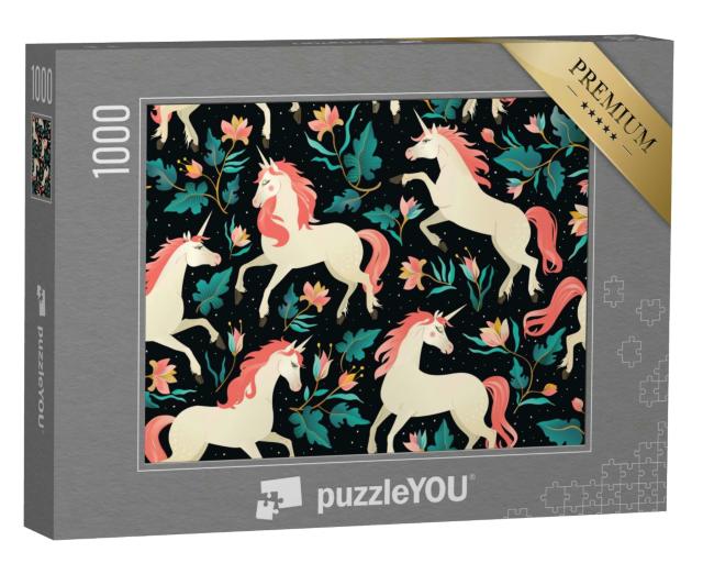 Puzzle 1000 Teile „Einhörner auf einem dunklen Hintergrund mit einem Feenwald“