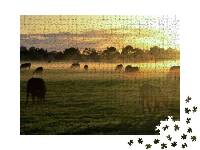 Puzzle 1000 Teile „Auf dem Land: Kuhherde im Morgennebel“