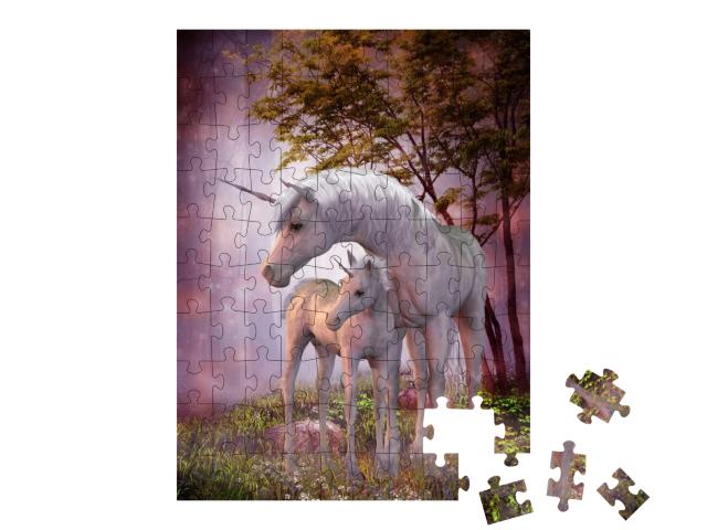 Puzzle 100 Teile „Einhornstute und Fohlen, magischer Wald“