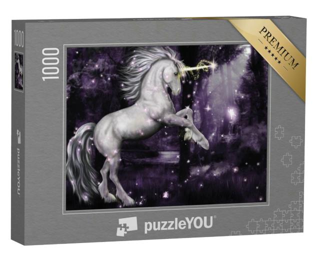 Puzzle 1000 Teile „Fantasy: ein Einhorn, das nachts im Mondlicht tanzt“