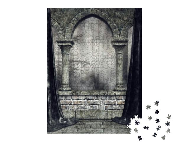 Puzzle 1000 Teile „Illustration: Alter Steinbogen mit schwarzen Vorhängen“