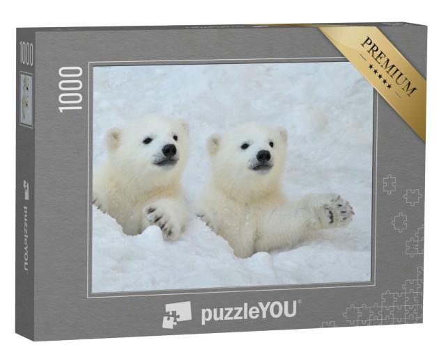 Puzzle 1000 Teile „Zwei weiße Eisbärenjunge schauen aus einem Schneeloch heraus“