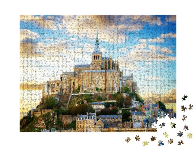 Puzzle 1000 Teile „Nahaufnahme des Mont Saint Michel bei Sonnenuntergang, Frankreich“
