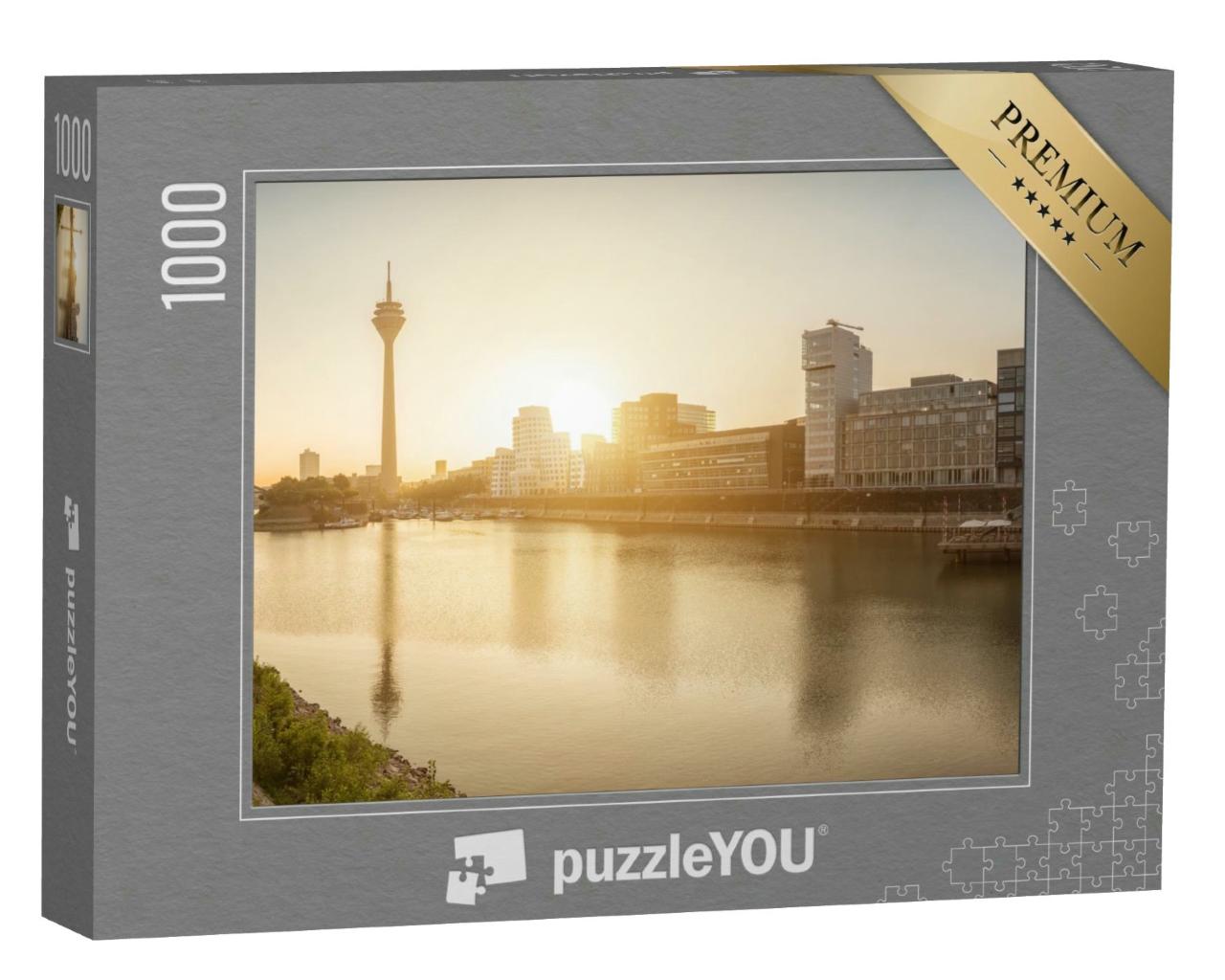 Puzzle 1000 Teile „Sonnenaugang über Düsseldorf, Hauptstadt von Nordrhein-Westfalen“