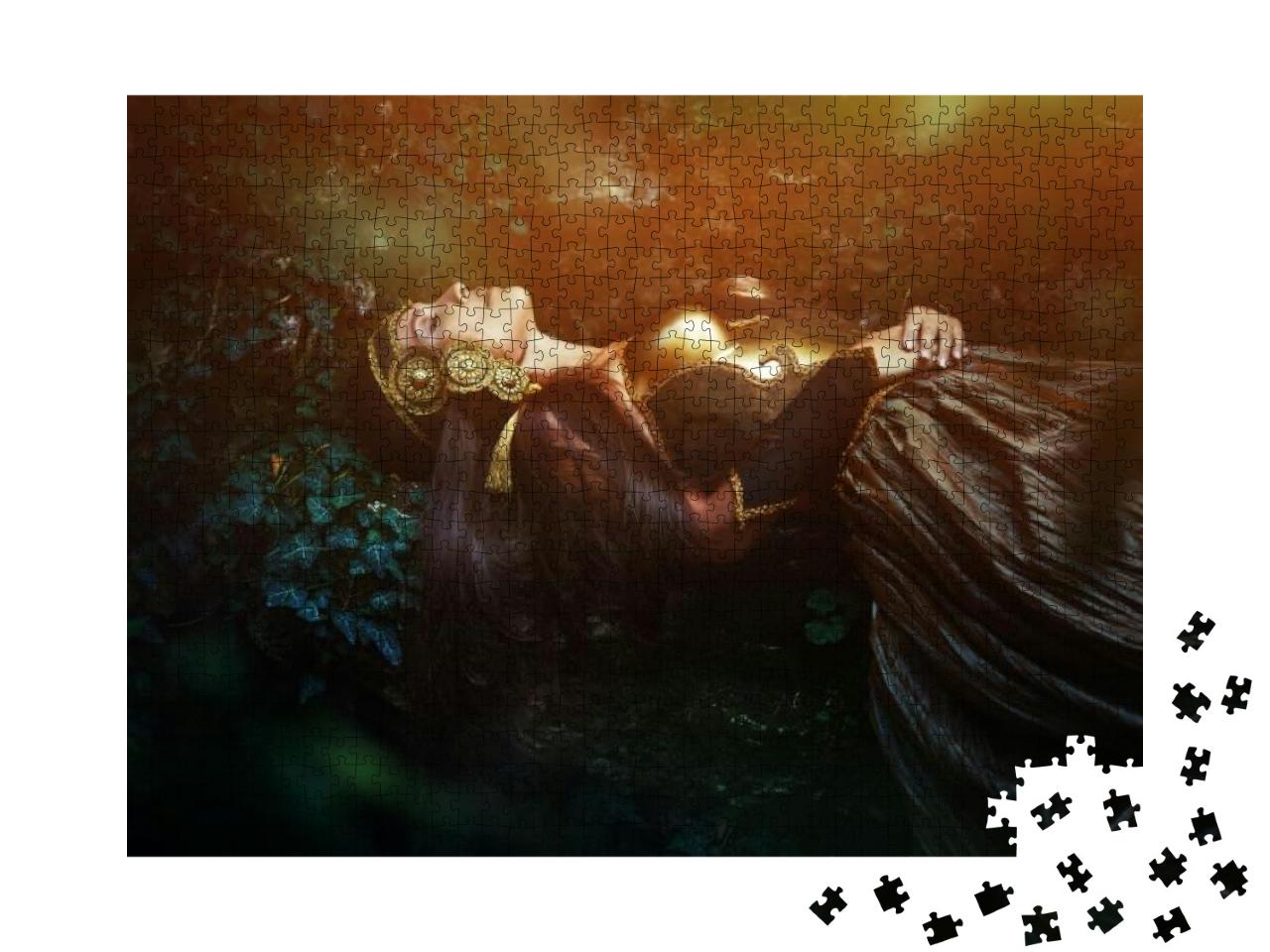 Puzzle 1000 Teile „Illustration: Frau in geheimnisvollem Schlaf im Wald“