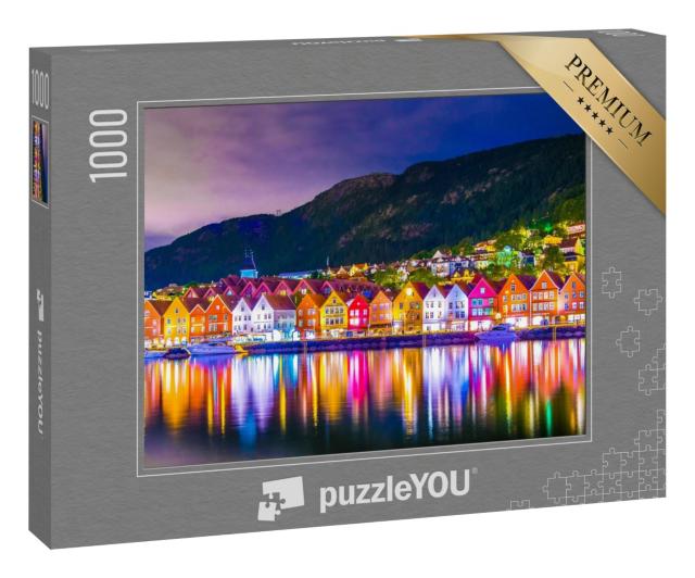 Puzzle 1000 Teile „Abendliche Beleuchtung des Holzviertels Bryggen in Bergen, Norwegen“