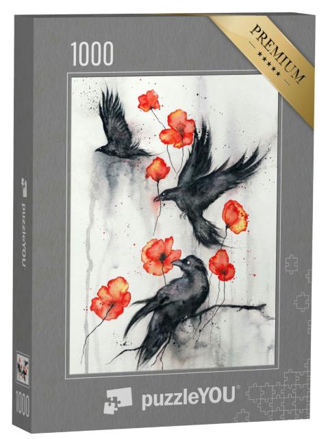 Puzzle 1000 Teile „Illustration: Schwarze Raben mit roten Mohnblumen“
