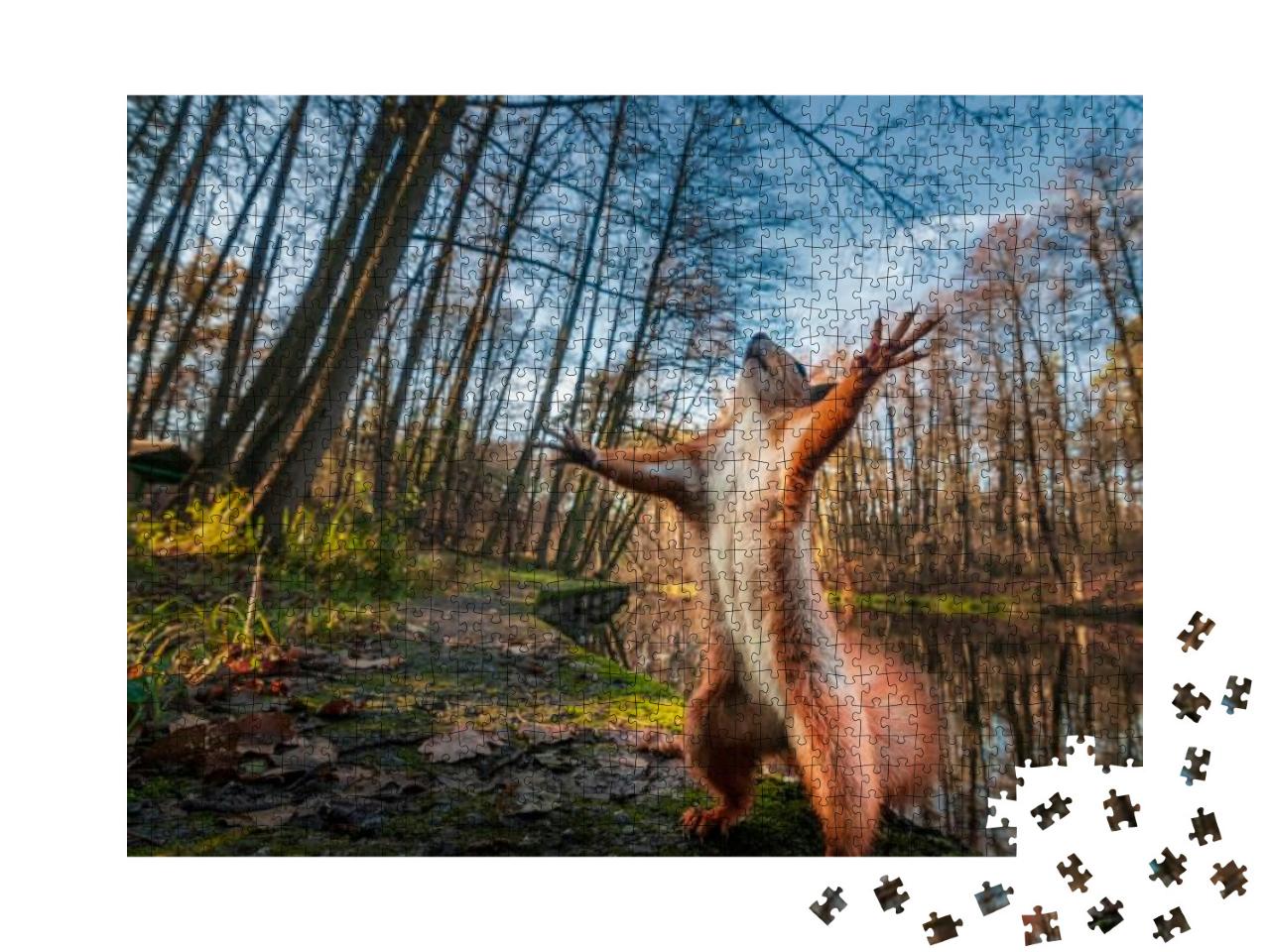 Puzzle 1000 Teile „Lustiges rotes Eichhörnchen posiert im Wald“