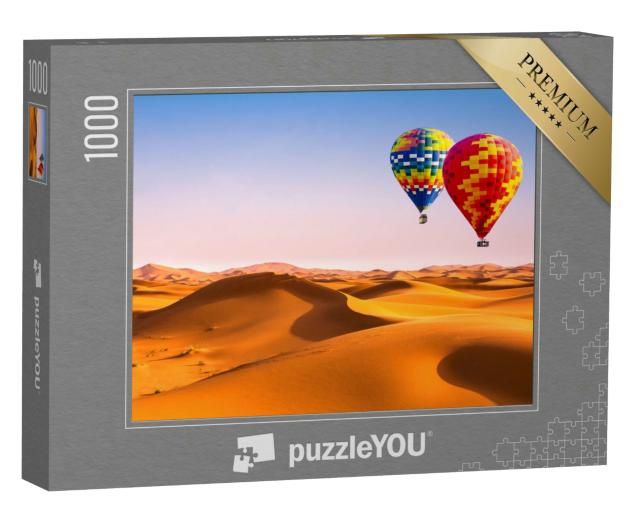 Puzzle 1000 Teile „Beeindruckende Aussicht auf Sanddünen, Heißluftballons in der Sahara, Marokko“