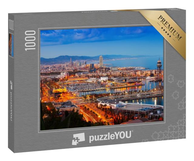 Puzzle 1000 Teile „Panorama von Barcelona mit Hafen bei Nacht, Spanien“