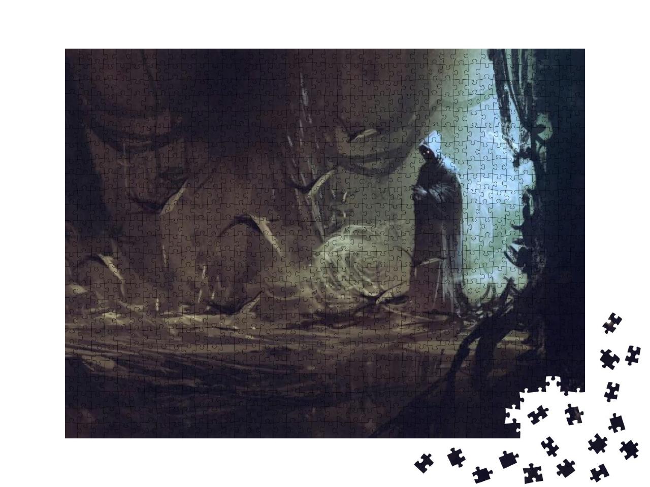 Puzzle 1000 Teile „Unheimlicher Zauberer mit dunklem Umhang im geheimnisvollen Wald, Illustration“