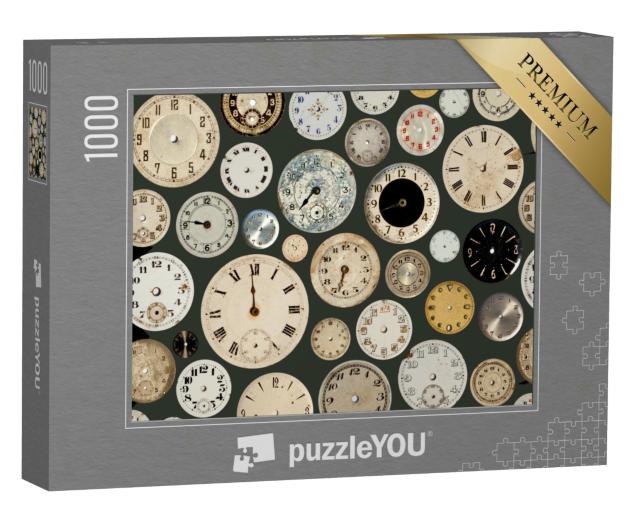 Puzzle 1000 Teile „Verschiedene alte Uhrenziffernblätter auf grauem Hintergrund“