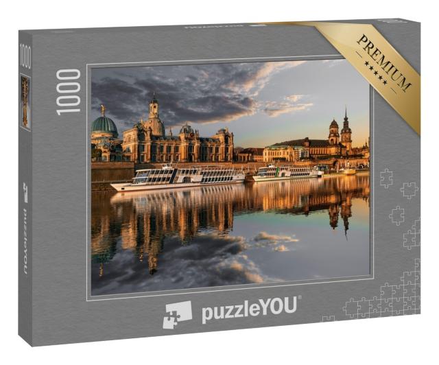 Puzzle 1000 Teile „Dresdner Stadtsilhouette an der Elbe und Augustusbrücke bei Sonnenuntergang“