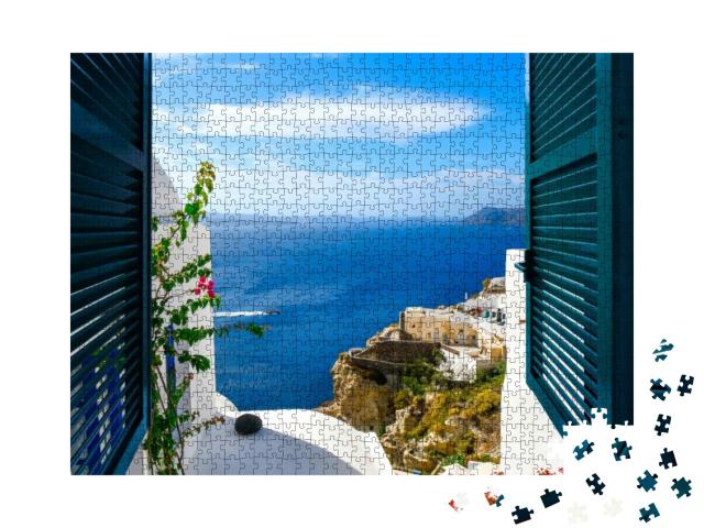 Puzzle 1000 Teile „Blick aus einem Fenster im Dorf Oia auf der Insel Santorin, Griechenland“