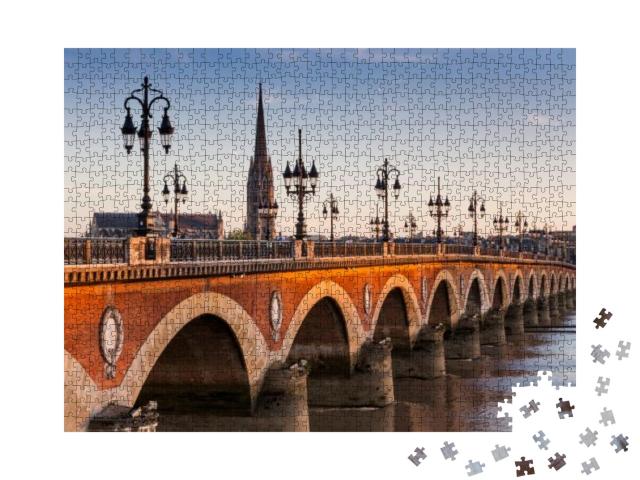Puzzle 1000 Teile „Blick auf die Pont de pierre bei Sonnenuntergang, Bordeaux, Frankreich“