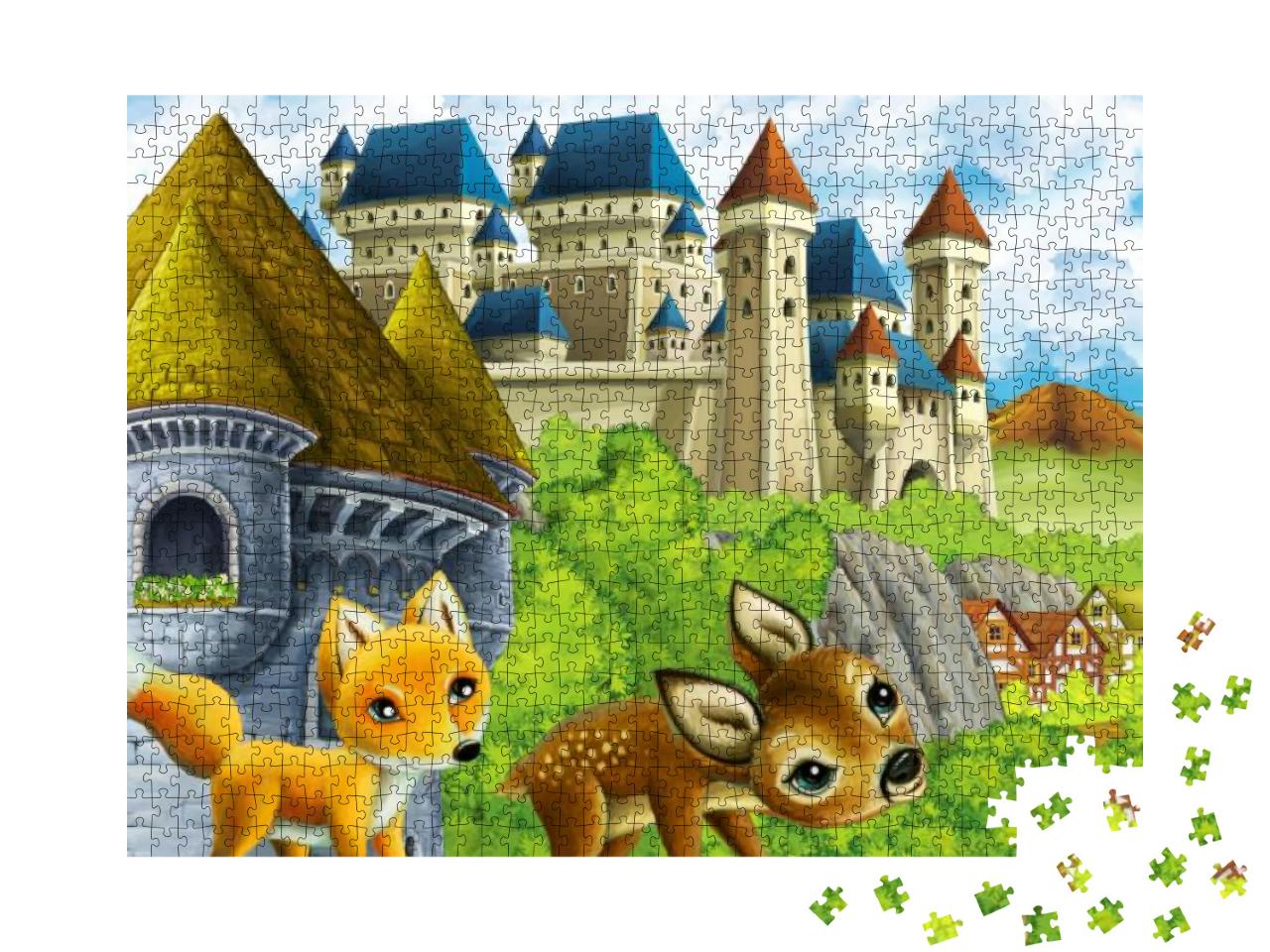 Puzzle 1000 Teile „Illustration: Kleiner Fuchs und kleines Reh auf dem Weg zum Schloss“