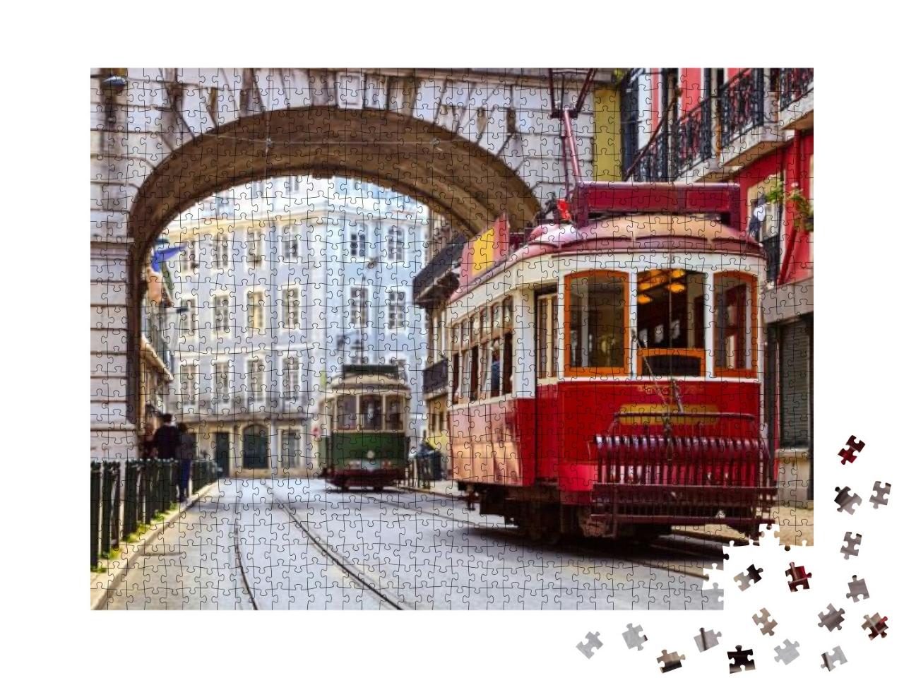 Puzzle 1000 Teile „Lissabon, Portugal: Rote Retro-Straßenbahn im Alfama-Viertel“