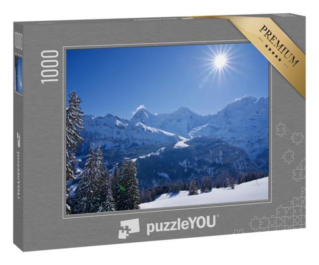 Puzzle 1000 Teile „Winterlandschaft mit sternförmiger Sonne, Mürren, Schweiz“