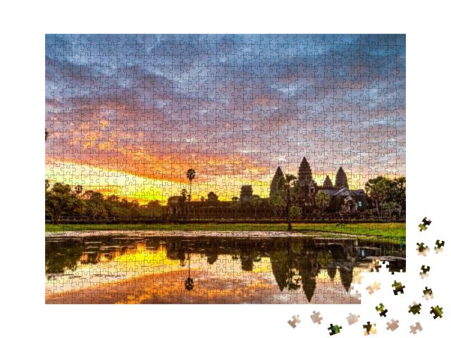 Puzzle 1000 Teile „Silhouette von Angkor Wat bei Sonnenaufgang, Kambodscha“