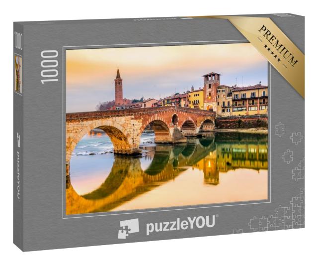 Puzzle 1000 Teile „Abendstimmung über Etsch und Ponte di Pietra in Verona, Italien“