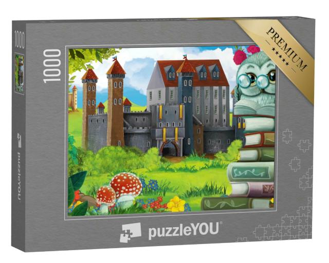 Puzzle 1000 Teile „Illustration für Kinder: Gartenszene mit Waldtieren und Schloss“