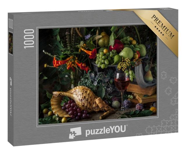 Puzzle 1000 Teile „Klassisches Stillleben mit Obst und einem Glas Rotwein“