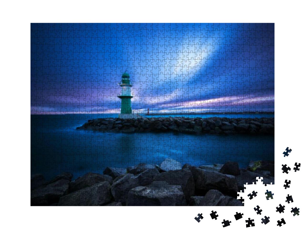 Puzzle 1000 Teile „Sonnenaufgang am Leuchtturm in Rostock“