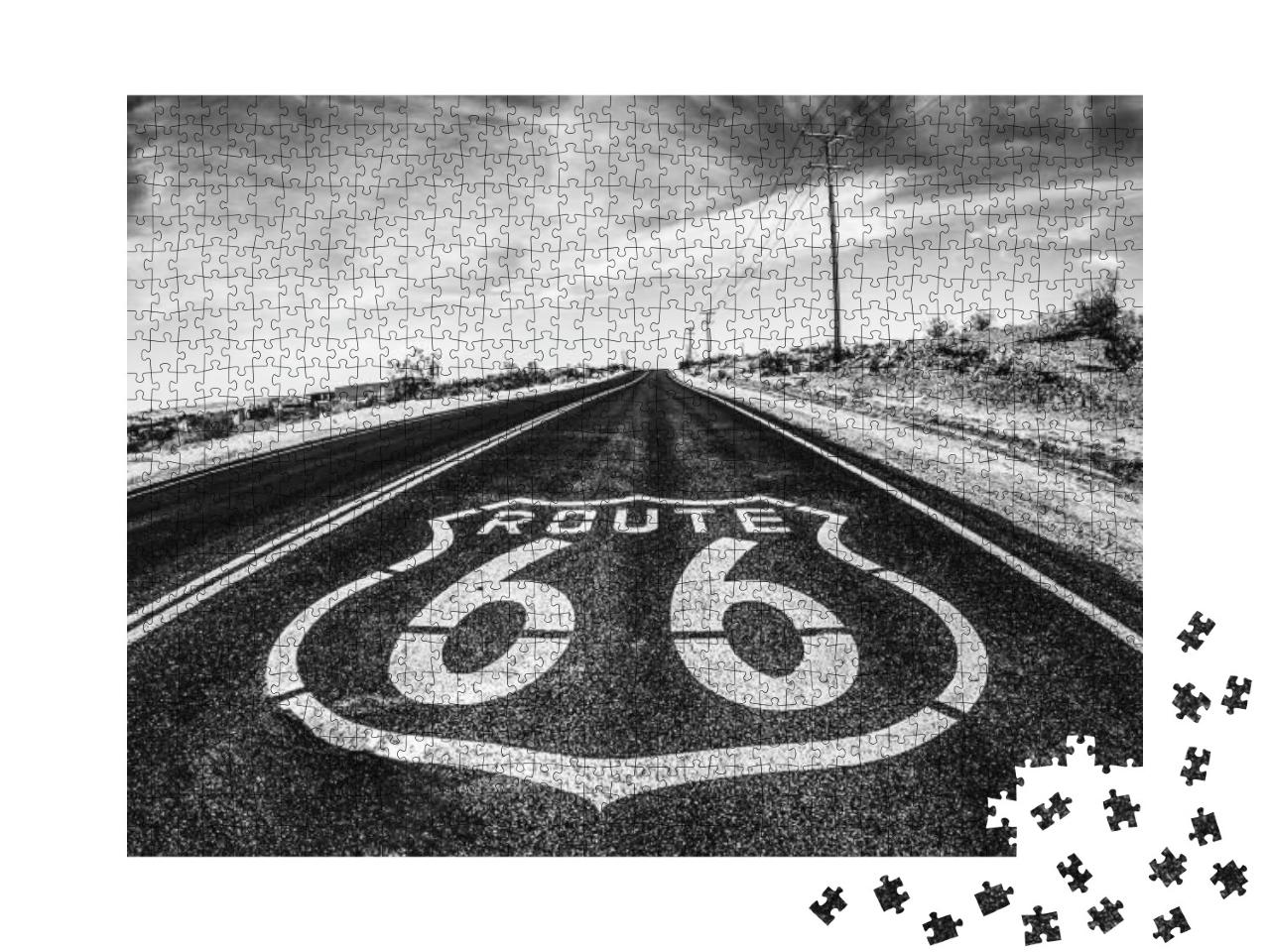 Puzzle 1000 Teile „Route 66: Verkehrszeichen inmitten der Mojave-Wüste, Kalifornien“